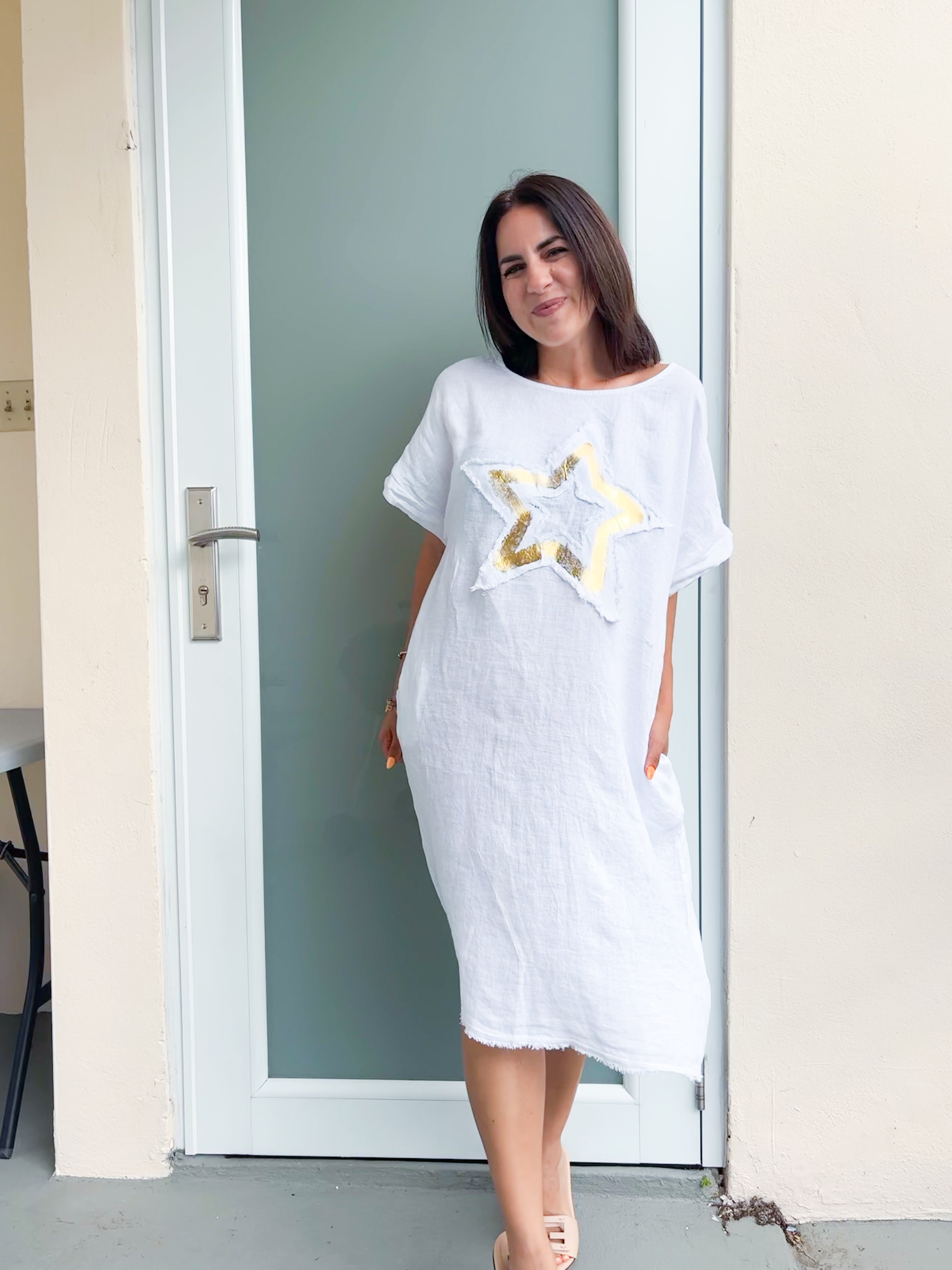 White Stars Patched Linen Dress