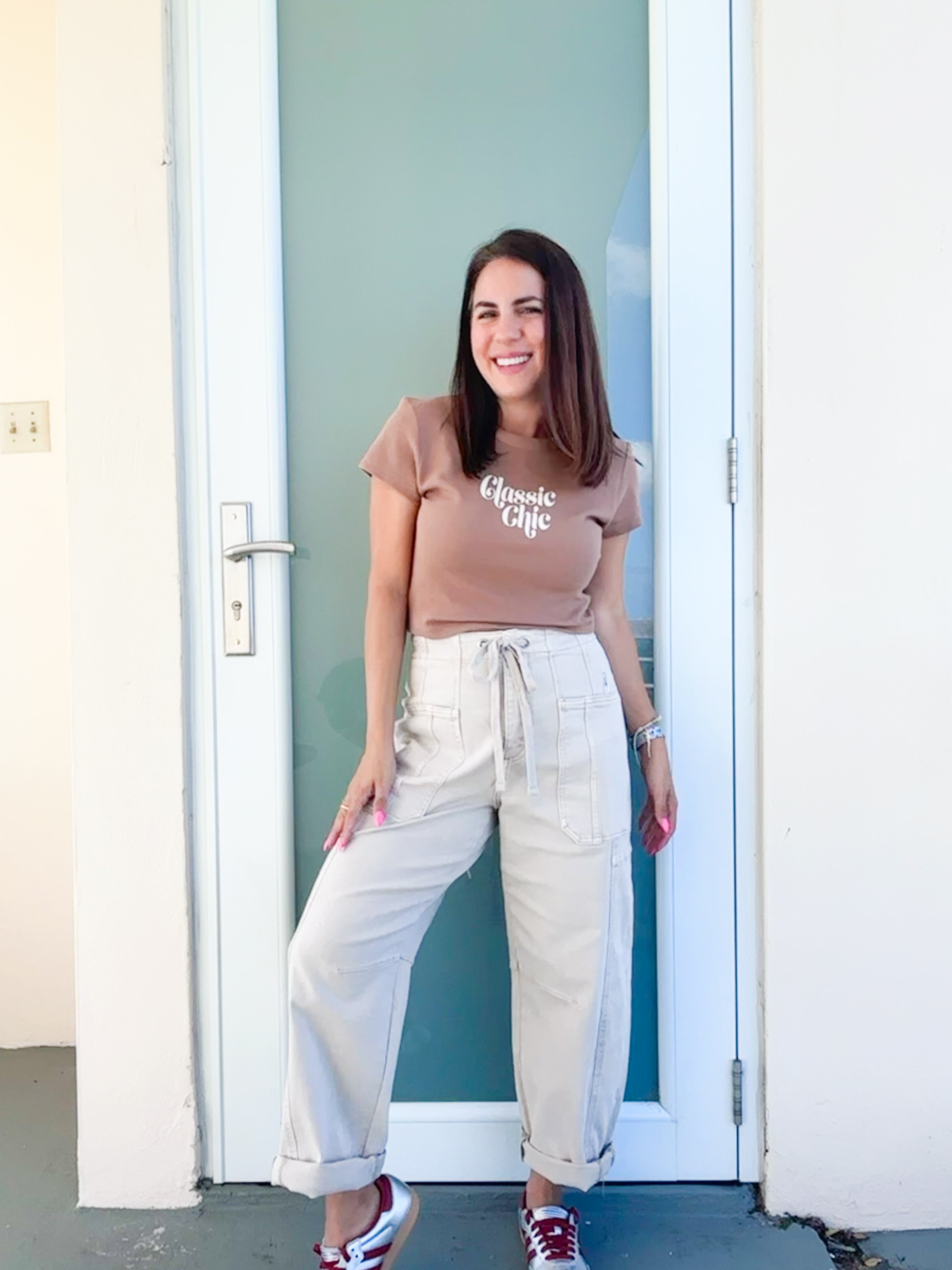 HIGH RISE CROP WIDE BARREL CARGO POCKET PANTS