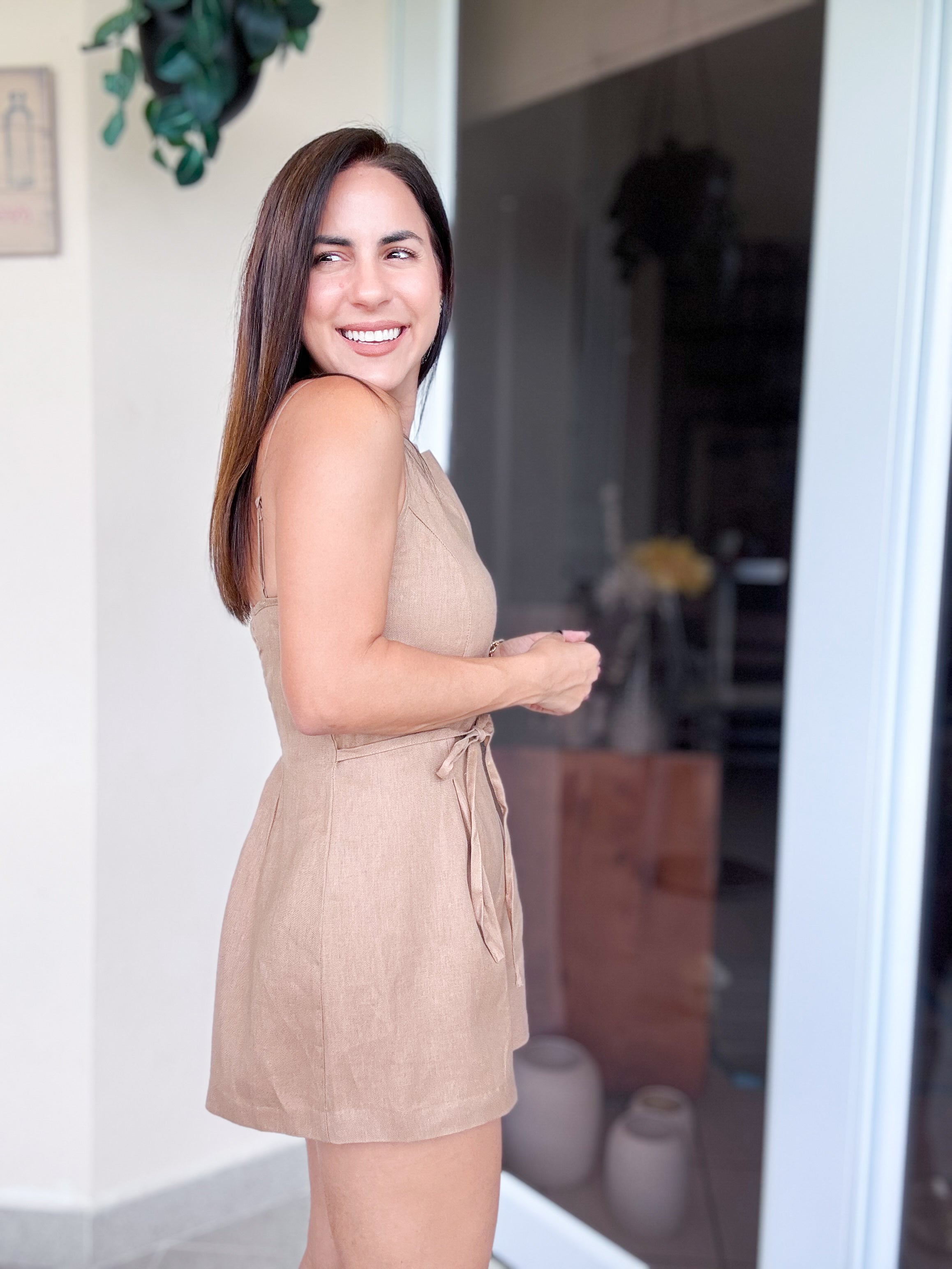 Gabriella Linen Mocha Romper