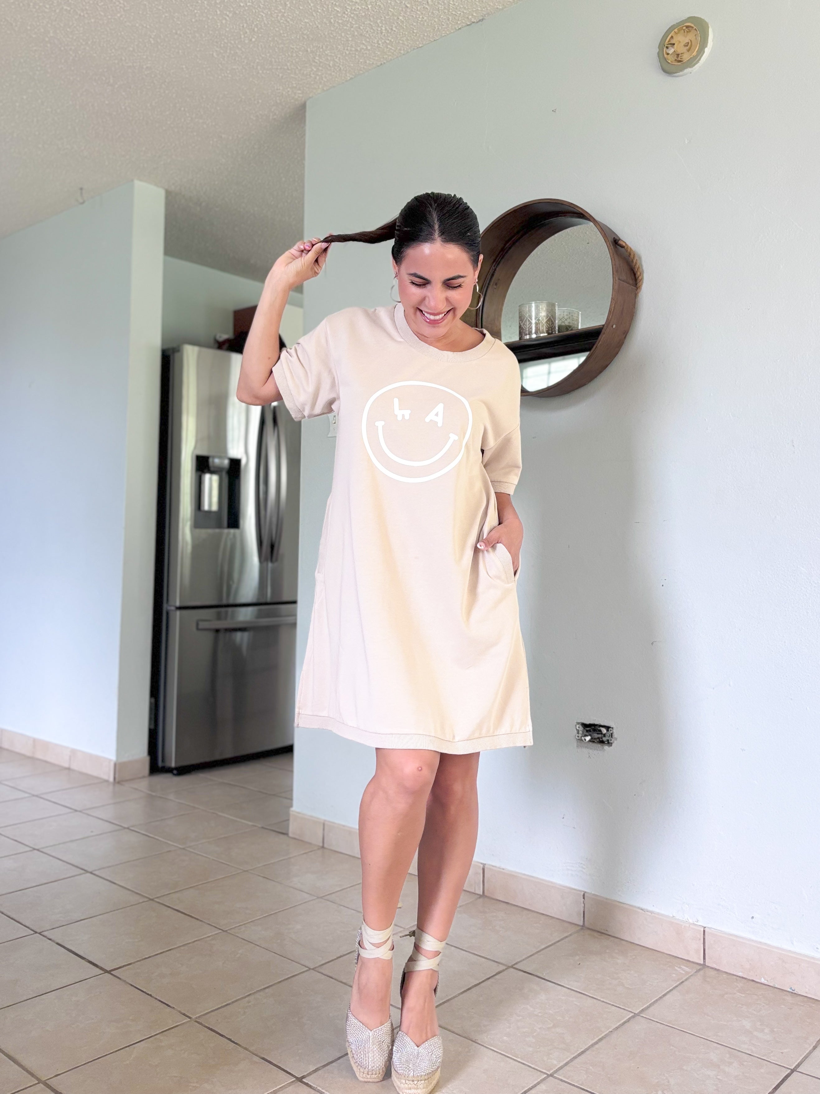 Beige Smiley TShirt Dress