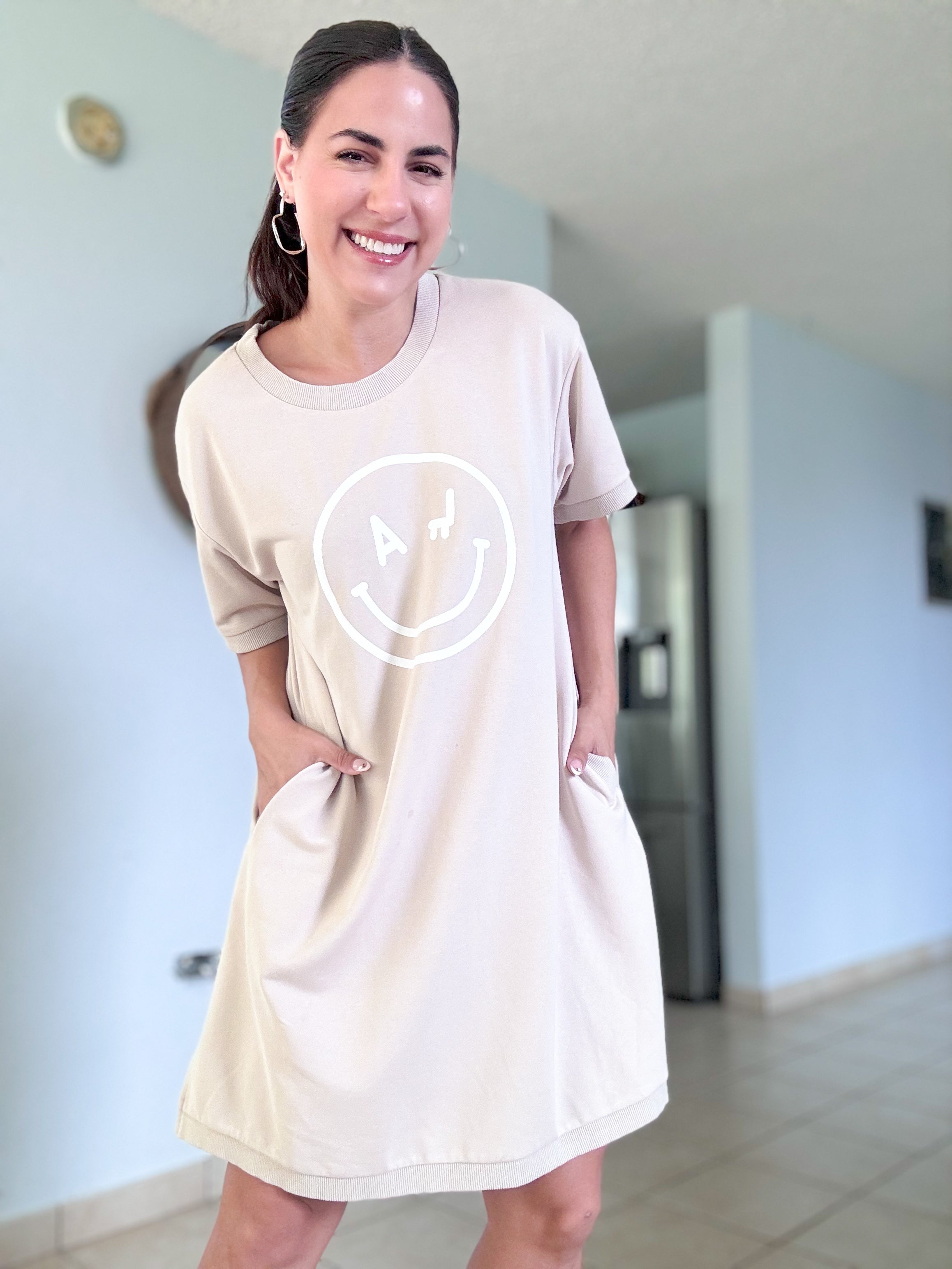 Beige Smiley TShirt Dress