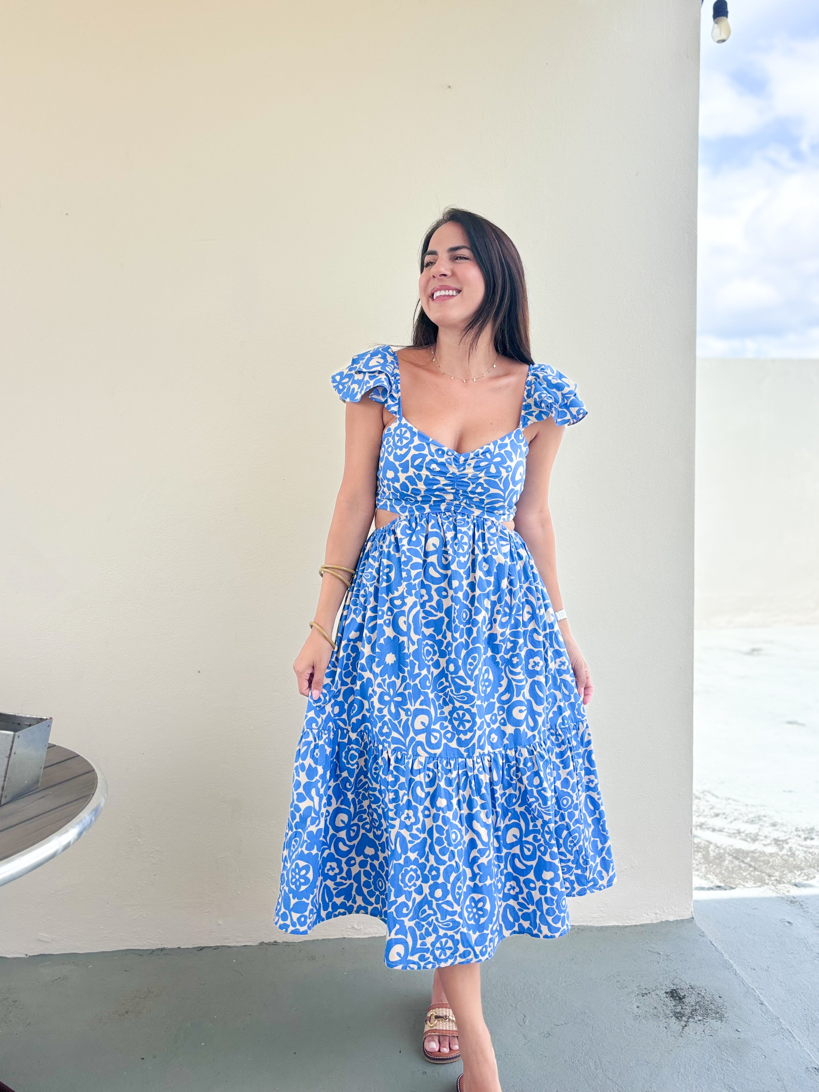 Meninda Sand Ruffle Midi Dress