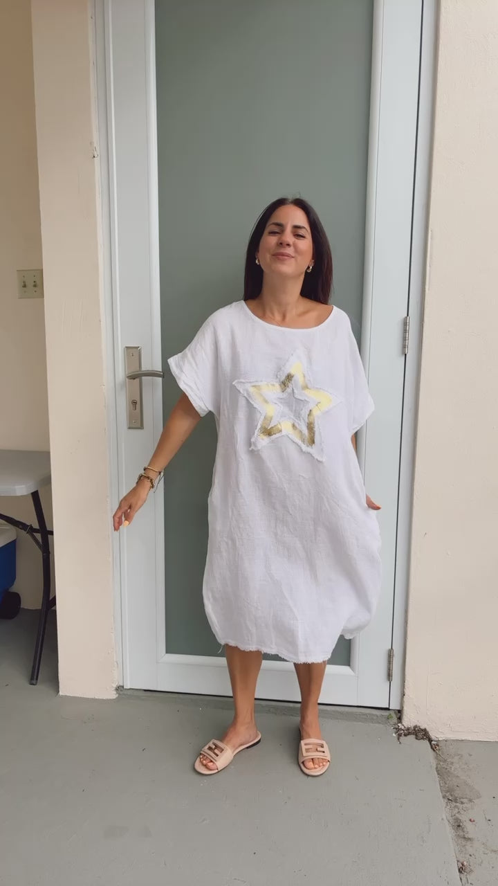 White Stars Patched Linen Dress